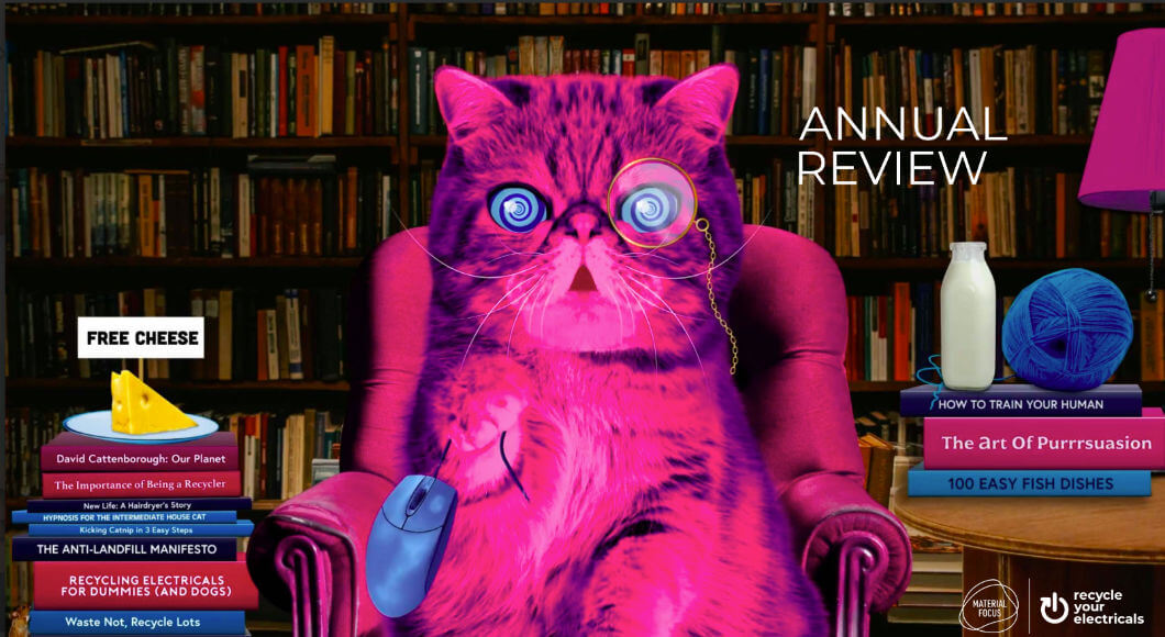 Annual Review Cover 2021 - an image of hypnocat sitting in a chair in a library