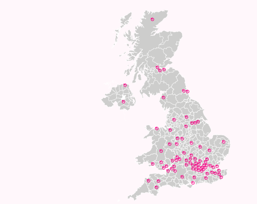 Graphic of a map of the UK showing pink pin points of where Material Focus is working