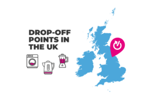 Graphic map of the UK with a Recycle Your Electricals pink logo and location pin point in the map.